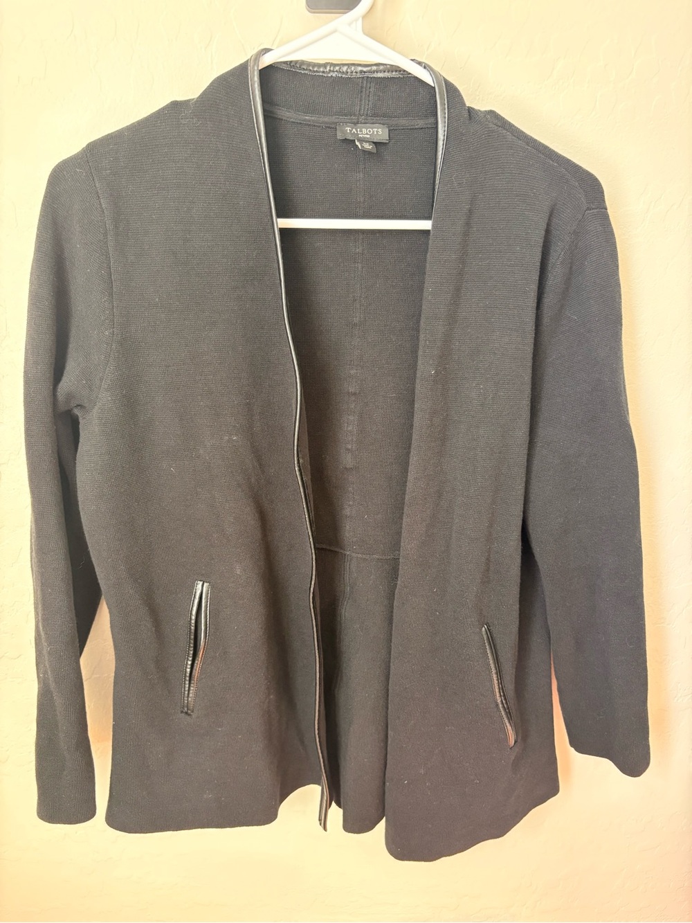 Talbots Black Open-Front Knit Blazer with Leather-Trim Pockets